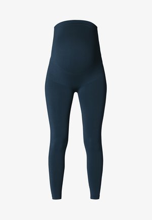Maternity leggings in a dark navy color, featuring a high waistband for support, made of stretchy fabric with a smooth texture.