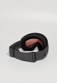 Maschere da sci con montatura nera, fascia grigia e lenti rosa; interno imbottito per il comfort; fascia regolabile per una vestibilità sicura.
