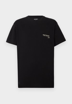 T-shirt di cotone nero con maniche corte, scollatura rotonda e un piccolo logo bianco stampato sulla zona sinistra del petto.