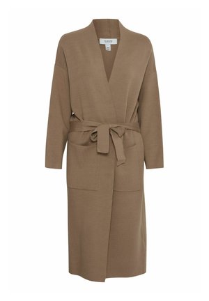 Bruine wikkelrobe van zachte stof, met lange mouwen, een strikceintuur en twee voorzakken. Minimalistisch design zonder patronen.