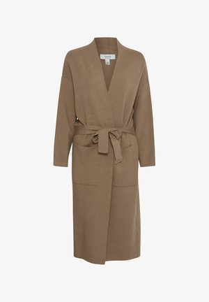 Bruine wikkelrobe van zachte stof, met lange mouwen, een strikceintuur en twee voorzakken. Minimalistisch design zonder patronen.