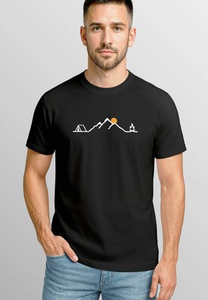 MIT CAMPING FREIZEIT GRAFIK LINEART BERGE SONNE - Print T-shirt - schwarz