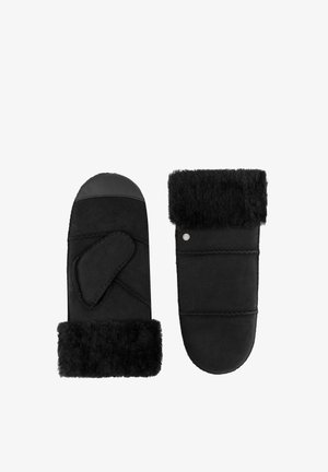 Schwarze Fäustlinge mit einer Wildleder-Textur, ausgestattet mit einem ledernen Oberteil und einem Kunstfellbund. Enthält einen seitlichen Klettverschluss und ein gesticktes Design.