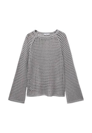 Gray knitted sweater with a loose, open weave design, round neckline, and long sleeves that flare at the ends. Textured fabric throughout.