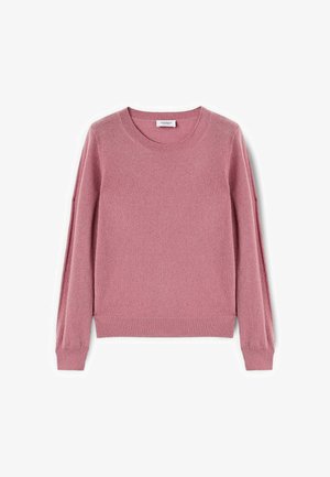 Suéter de punto suave y rosa con cuello redondo, mangas largas y puños y dobladillo acanalados. Textura ligera, diseño simple, sin patrones.