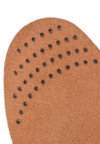 Brown suede insole with a textured surface and black circular studs arranged in a pattern, featuring a rounded shape and smooth edges.