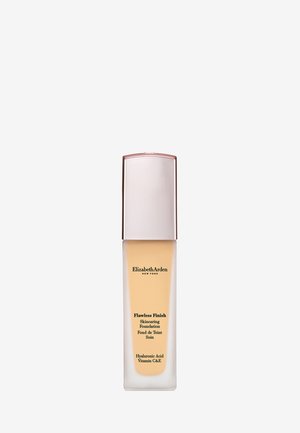 Elizabeth Arden Flawless Finish Skincare Foundation -pullo, jossa ruusukultainen korkki ja beige neste, etikettinä hyaluronihappo sekä C- ja E-vitamiinit.
