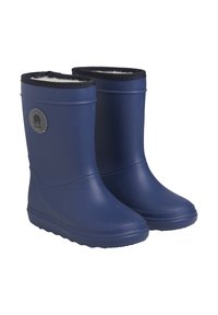 Bottes en caoutchouc bleu marine avec une finition texturée, doublure intérieure douce et logo circulaire sur le côté, dotées d'une semelle discrète.