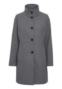 Manteau en laine gris avec un col haut, comportant six boutons noirs sur le devant, deux poches latérales et une coupe droite et décontractée.