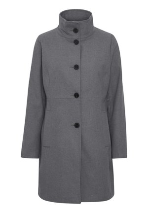 Grey wool coat with a high collar, featuring six black buttons down the front, two side pockets, and a straight, relaxed fit.