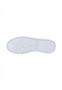Suola di sneaker bianca con un motivo a spina di pesce testurizzato, accenti circolari e una scatola centrale per il branding. Materiale in gomma liscia.