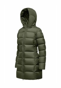 Giacca imbottita con cappuccio di colore verde scuro, caratterizzata da un design trapuntato con righe orizzontali, chiusura a cerniera completa e un taglio di media lunghezza.