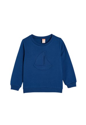 Sweatshirt bleu en tissu doux, avec un design de voilier en relief sur le devant, et des poignets et un ourlet côtelés pour un ajustement confortable.
