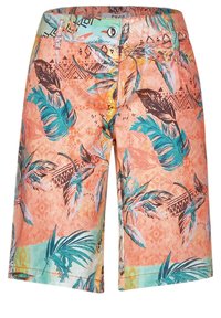 Kraťasy s barevným vzorem, který zahrnuje odstíny oranžové, tyrkysové a hnědé, s palmovými listy a geometrickými akcenty. Zapínání na knoflík v pase.