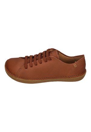 Brown leather casual sneaker with lace-up front and light brown rubber sole, viewed from the inner side.