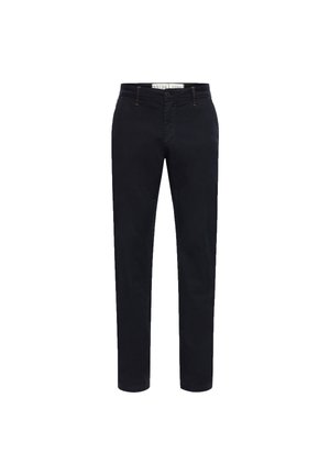 Pantaloni slim-fit blu scuro in cotone con una texture liscia. Presentano tasche standard e dettagli di cucitura. Progettati con chiusura a zip.