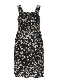Robe à motifs floraux avec un fond noir, bretelles carrées, corps smocké et jupe ample. Détails floraux en blanc et rouge.