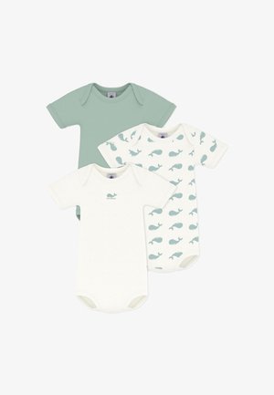 Τρία βρεφικά κορμάκια με κοντό μανίκι: ένα σε μέντα πράσινο, ένα κρεμ με σχέδιο φάλαινας και ένα κρεμ με μικρό λογότυπο φάλαινας. Μαλακό βαμβακερό υλικό.