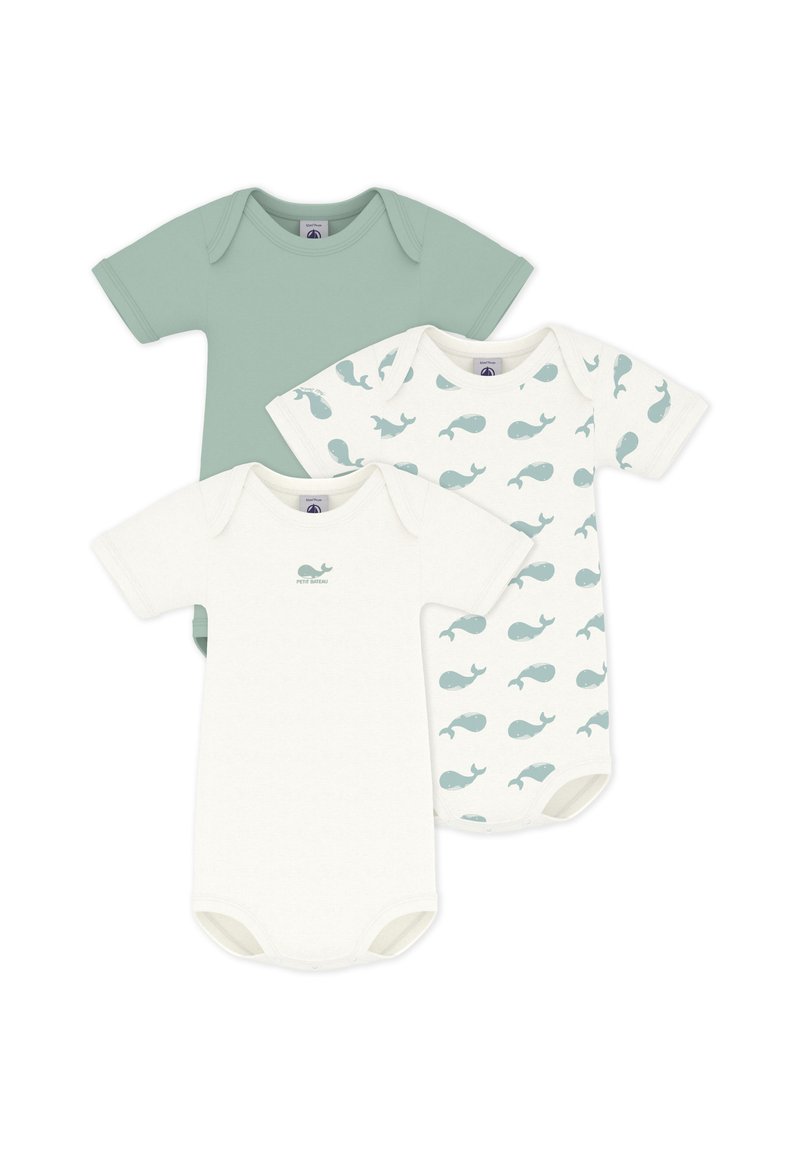 Τρία βρεφικά κορμάκια με κοντό μανίκι: ένα σε μέντα πράσινο, ένα κρεμ με σχέδιο φάλαινας και ένα κρεμ με μικρό λογότυπο φάλαινας. Μαλακό βαμβακερό υλικό.