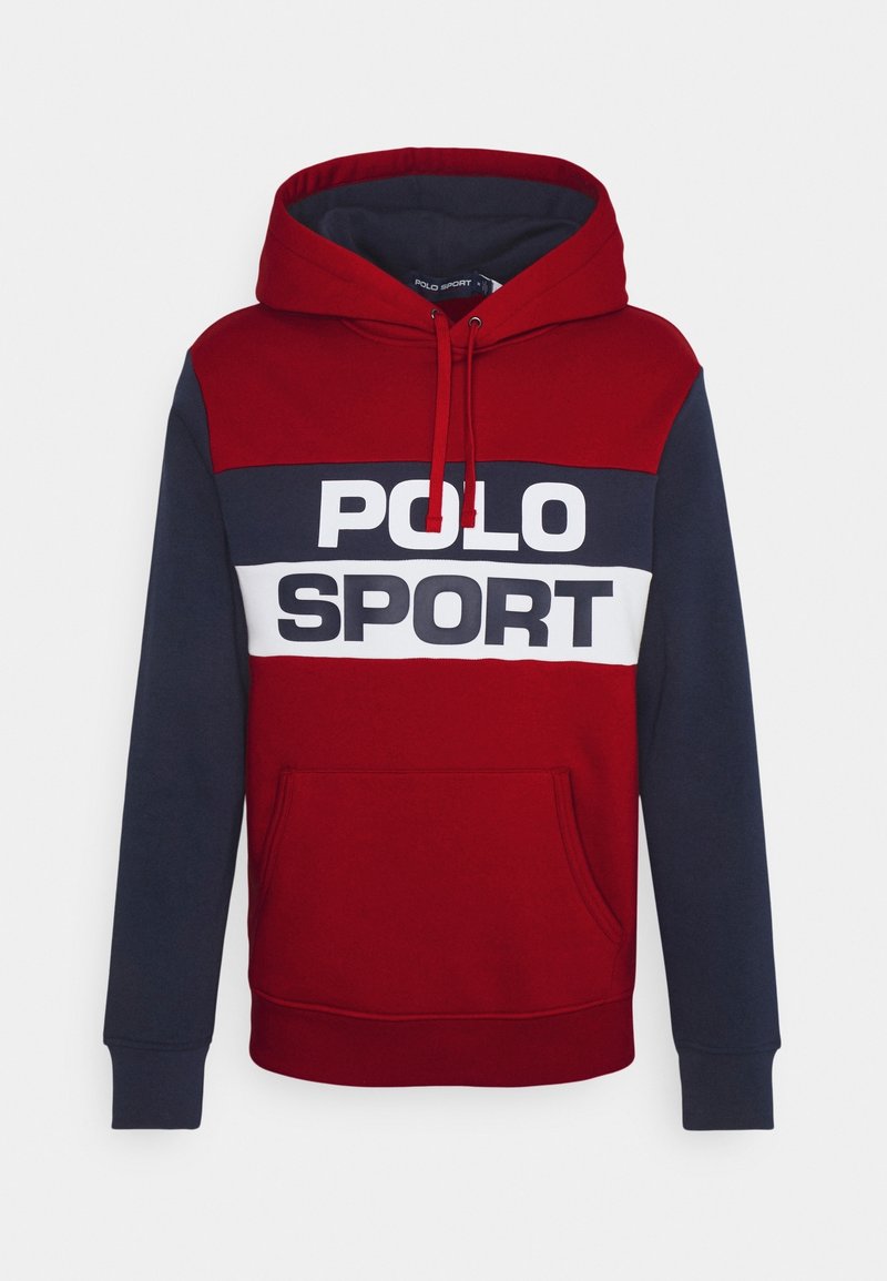 Felpa con cappuccio rossa e blu navy con tasca frontale, cappuccio regolabile con cordino e audace scritta bianca "POLO SPORT" sul petto.