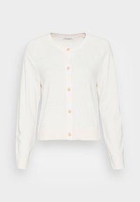 Vit stickad kofta med långa ärmar, ribbad fåll och knäppning med ljusbeige knappar. Mjuk textur, enkel design.