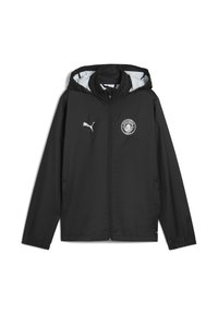 Schwarze Kapuzenjacke mit Reißverschluss und elastischen Bündchen, mit weißen Details, einschließlich eines Logos und Akzenten an der Innenkapuze.