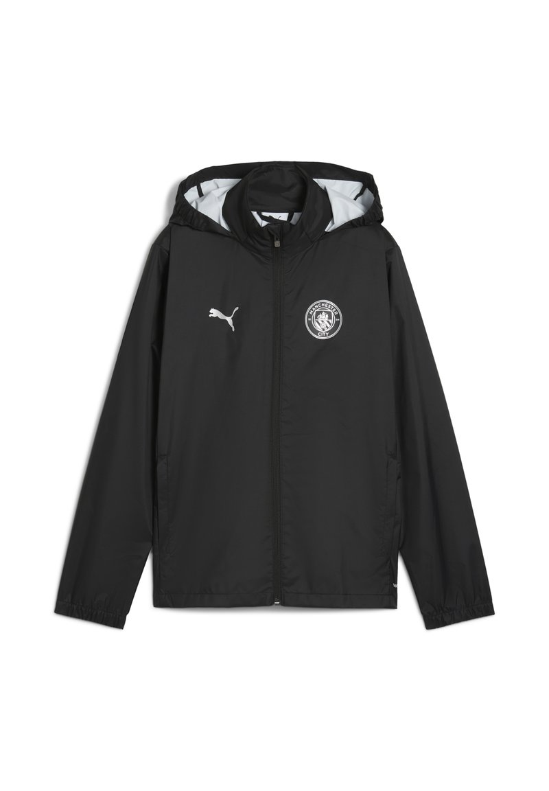 Schwarze Kapuzenjacke mit Reißverschluss und elastischen Bündchen, mit weißen Details, einschließlich eines Logos und Akzenten an der Innenkapuze.