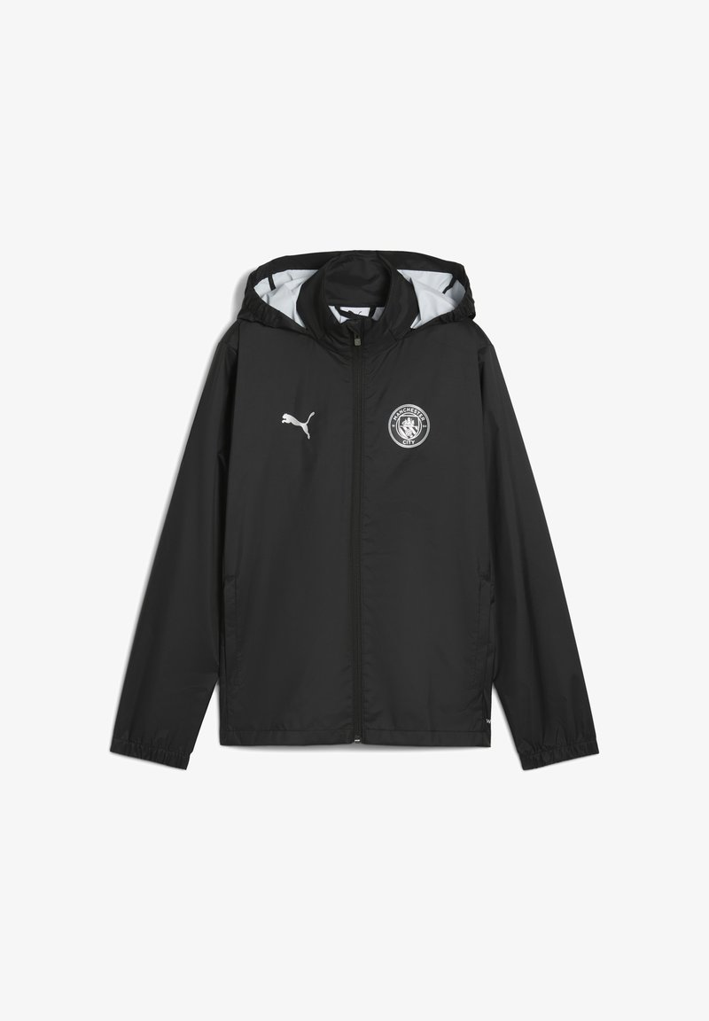 Veste à capuche noire zippée, avec des poignets élastiques et des détails blancs, y compris un logo et des accents sur la doublure de la capuche.