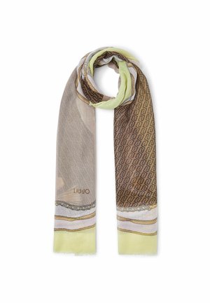 Sciarpa rettangolare leggera con tonalità beige, marrone e verde pallido, decorata con motivo a catene e forme geometriche, piegata ordinatamente a anello.