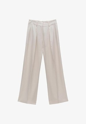 Beige weite Hosen mit Falten, aus einem glatten Stoff gefertigt. Sie haben eine hohe Taille und ein maßgeschneidertes Design. Keine sichtbaren Taschen.