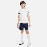 Weißes T-Shirt mit blauen Streifen, marineblaue Shorts und weiße Kniestrümpfe. Enthält das Nike-Logo auf dem Shirt und den Shorts. Fußballschuhe mit Akzenten.