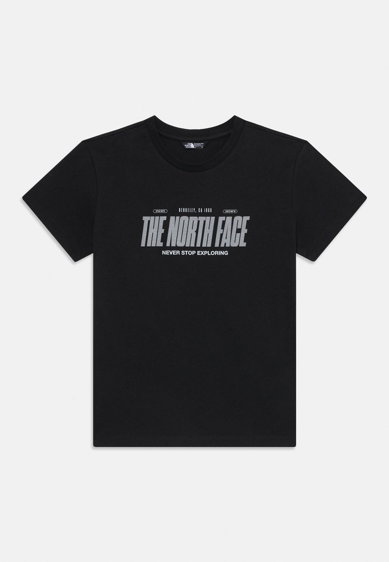 Melna kokvilnas T-kreklu ar apaļu izgriezumu. Uz t-krekla īsā lielos pelēkos burtiem ir rakstīts "THE NORTH FACE" un zem tā mazākiem burtiem "NEVER STOP EXPLORING".