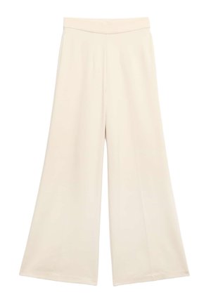 Wijde broekspijpen in een lichte crèmekleur, gemaakt van een gladde stof. Voorzien van een hoge tailleband en een vloeiende silhouet zonder patronen.