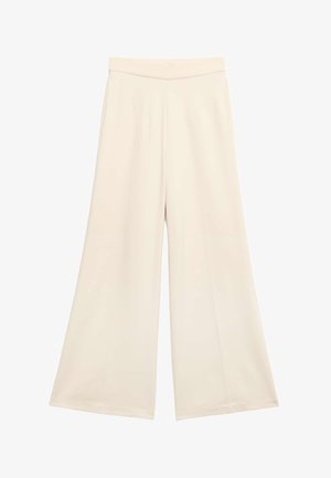 Hose mit weitem Bein in hellem Cremefarbton, gefertigt aus einem glatten Stoff. Verfügt über einen hohen Bund und eine fließende Silhouette ohne Muster.