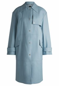 Light blue leather coat with a large collar, front snap closures, and side pockets. Features wide sleeves with cuffs and a relaxed fit.