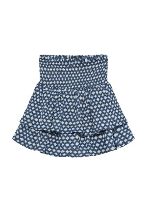 Niebiesko-biała wzorzysta spódnica z falbanami i marszczonym pasem. Wykonana z miękkiego materiału, o rozszerzającym się kroju z warstwowymi falbankami.