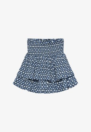 Blauer und weißer gestufter Rock mit Muster und gerafftem Bund. Aus weichem Stoff gefertigt, mit ausgestelltem Schnitt und mehrlagigen Rüschen.