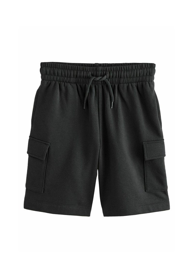 Shorts cargo gris foncé avec taille à cordon, bande élastique et deux poches latérales avec rabats. Matériau doux et texturé.