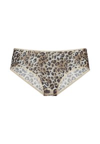 Bugarske gaćice s uzorkom leoparda, izrađene od laganog materijala. Imaju bež obrub i poluprozirne bočne panele s glatkom teksturom.