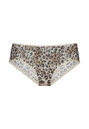 Slip in di stampa leopardata realizzato in materiale leggero. Presenta un bordo beige e pannelli laterali semi-trasparenti con una texture liscia.