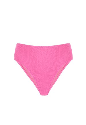 Bikini w wysokim stanie w jaskrawym różu, z teksturowanym wzorem w rybią kość i gładką podszewką dla komfortu. Dopasowany do ciała.