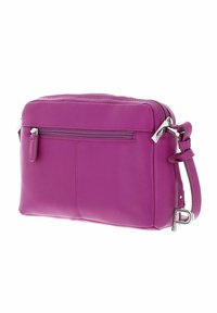 Petit sac en cuir rectangulaire violet à bandoulière avec poche zippée extérieure, sangle réglable et tirettes et quincaillerie en argent.