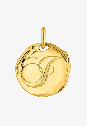 Colgante de oro con una forma redonda irregular y texturizada, que presenta un diseño de monograma decorativo grabado. Incluye un lazo para sujetarlo a la joyería.