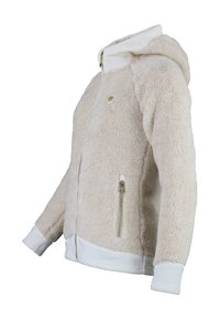 Fleeceforet hoodie i creme med tekstureret yderstof, hvide manchetter og kant, frontlynlås og sidelommer med dekorative lynlåse.