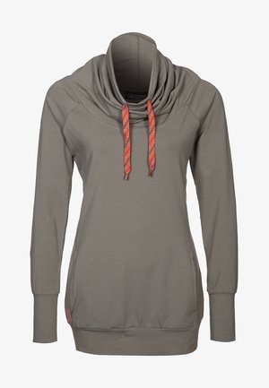 Felpa grigia con collo a scialle, dotata di coulisse rosse, maniche lunghe, tasche laterali e orlo a costine. Realizzata in materiale morbido e leggero.