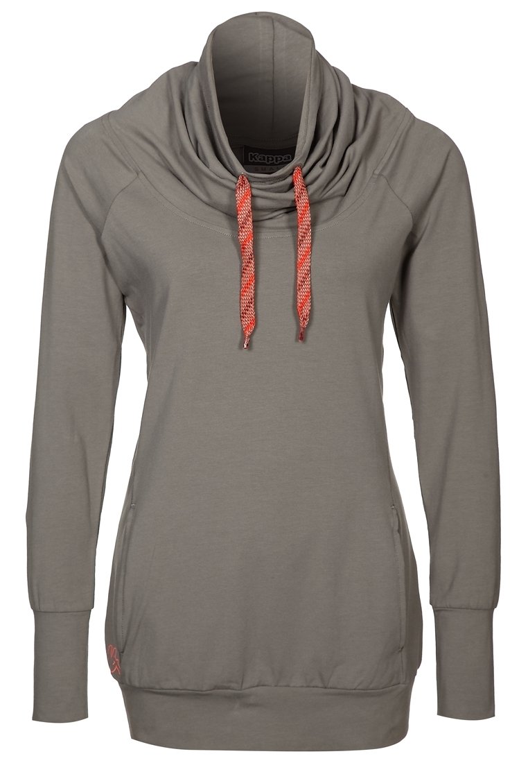 Šedá mikina s kapucí typu cowl neck, s červenými šňůrkami, dlouhými rukávy, bočními kapsami a žebrovaným lemem. Vyrobena z měkkého, lehkého materiálu.