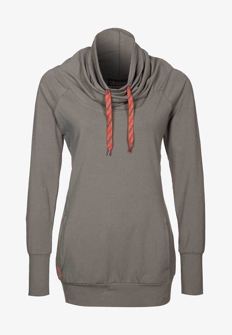 Šedá mikina s kapucí typu cowl neck, s červenými šňůrkami, dlouhými rukávy, bočními kapsami a žebrovaným lemem. Vyrobena z měkkého, lehkého materiálu.