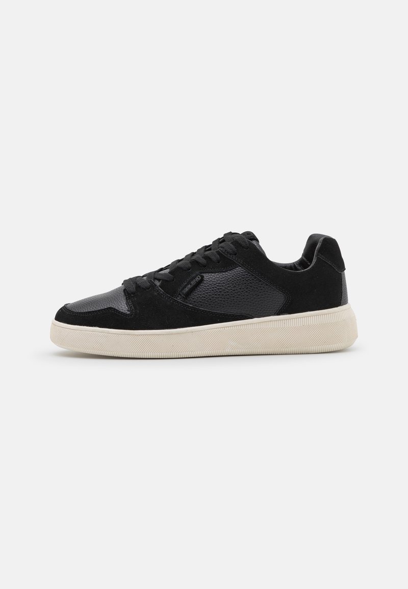 Black sneakers with a mix of suede and textured material, featuring a white rubber sole and flat laces. Smooth finish and minimalist design.