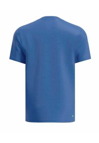 Camiseta corta de manga azul con un patrón texturizado, cuello redondo y un pequeño logo verde en el borde inferior. Tejido suave.