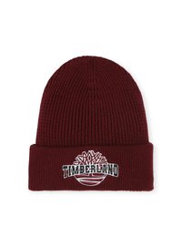 Berretto a maglia color bordeaux con risvolto, caratterizzato da un logo Timberland ricamato in bianco e un dettaglio grafico circolare. Texture morbida e a coste.
